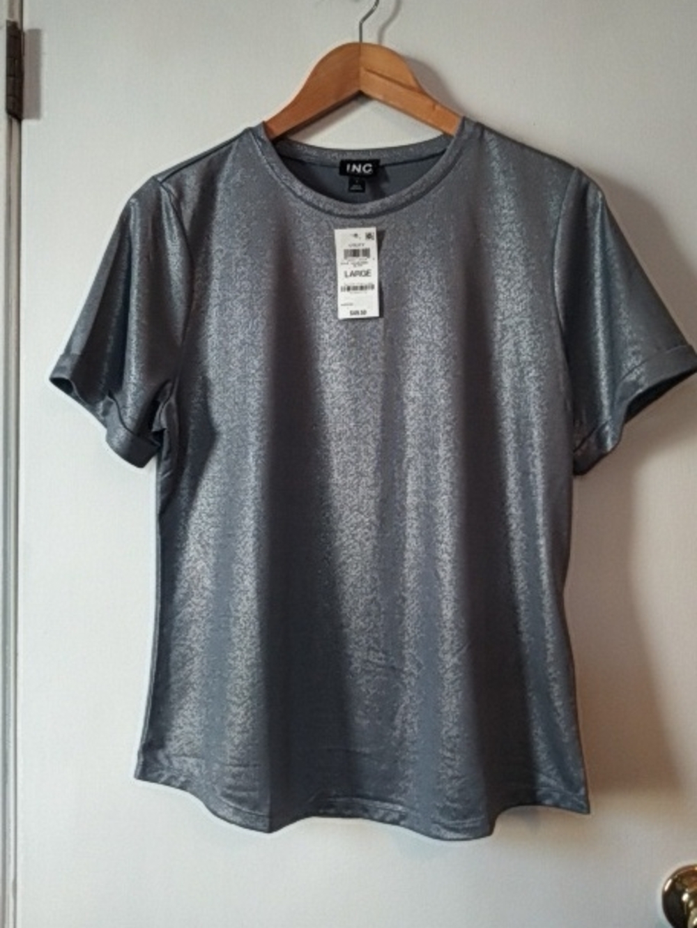 NWT Women's Top By INC International Concepts Metallic Silver Short-Sleeve Tee